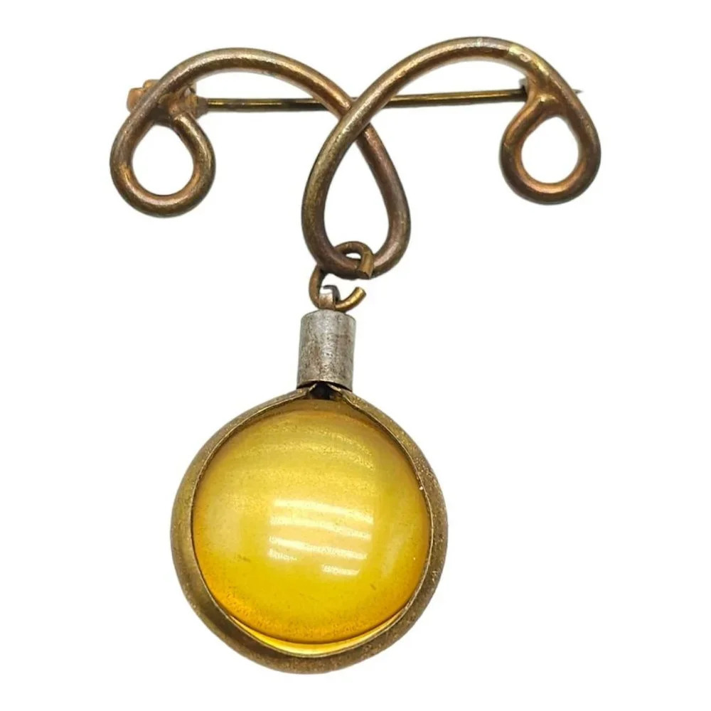 Art Nouveau Brass Tone Wire Amber Gemstone Dangle Drop Brooch Pin
